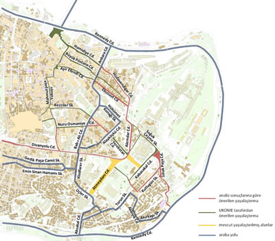 Resim 11. Proje kapsamında yayalaştırılması önerilen yollar ile UKOME planı kapsamında yayalaştırılması planlanan yollardan muhafaza edilmesi düşünülen yaya yollarının bütünleştirilmesi.